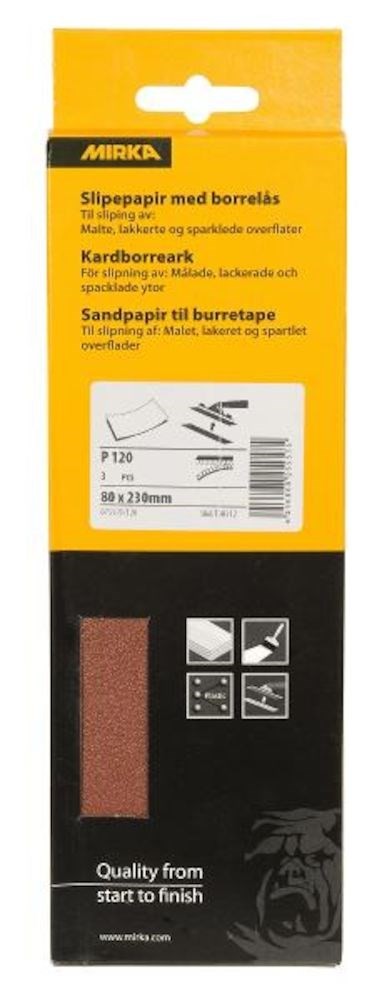 Slipepapir med borrelås 80x230mm K120 3-pack Mirka